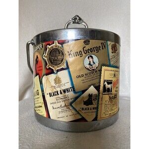 Vintage Chrome Whiskey Ice Bucket Old Scotch LiquorLabels King George IV W/ Lid
